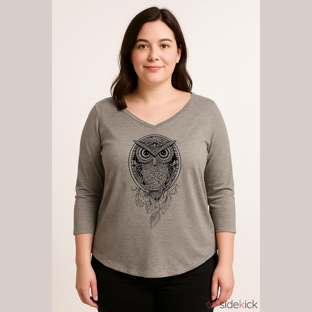 Emery Rose Heather Grey Boho Graphic Owl Tunic Top 3/4 Sleeve Plus Size 1XL EUC